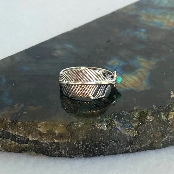 Sterling Silver 925 Dainty Round Turquoise Cabochon Feather Band Ring Size 7.5 - Picture 4 of 16